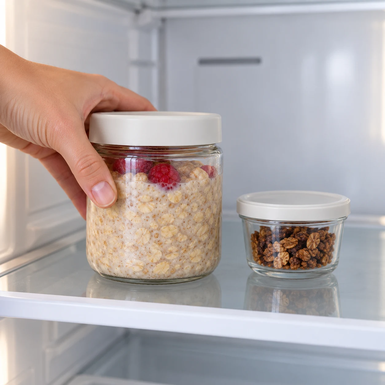Bocal fermé sur une tablette de réfrigérateur, granola sec séparé au-dessus.