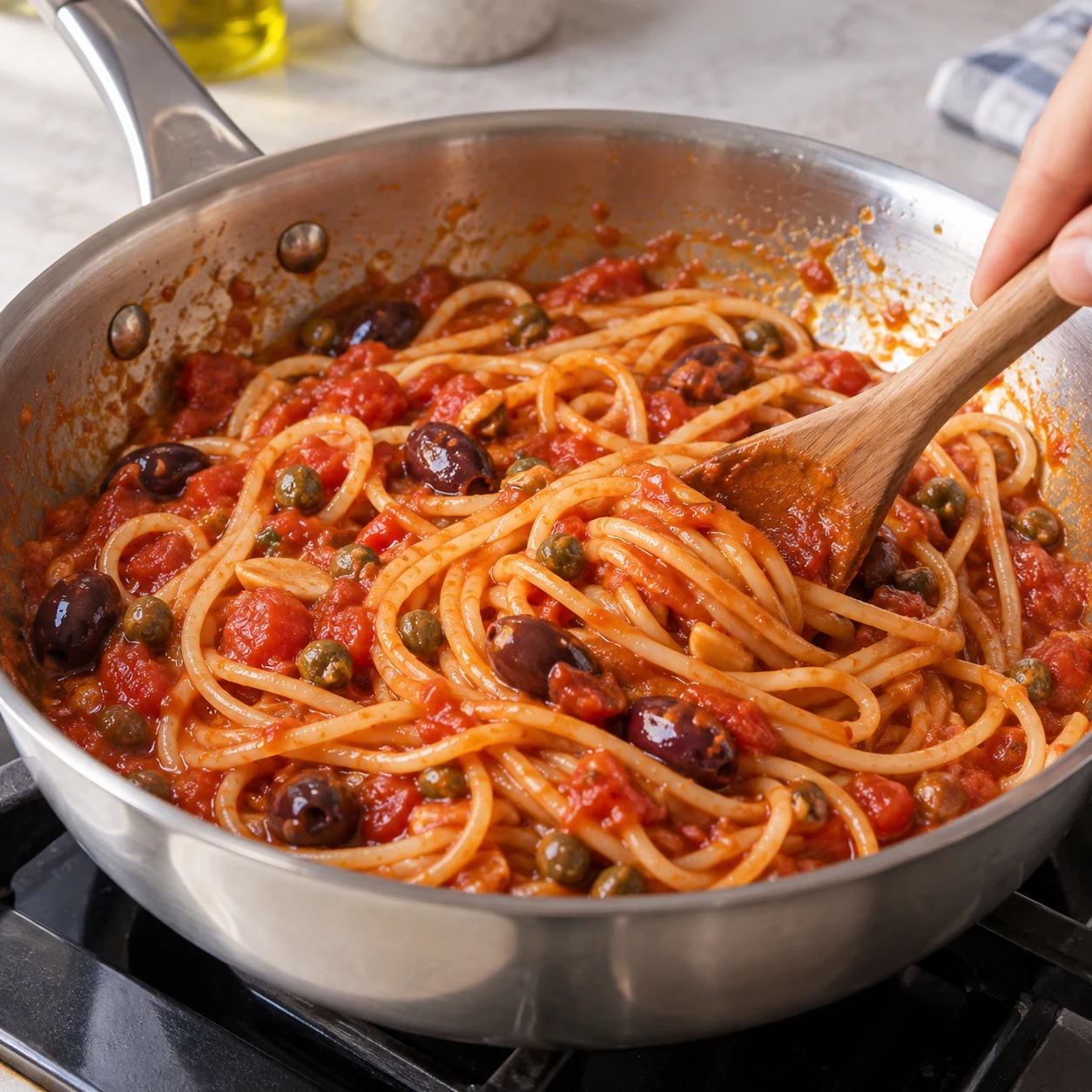 Spaghetti rouges luisants mélangés dans la poêle inox avec olives et câpres.