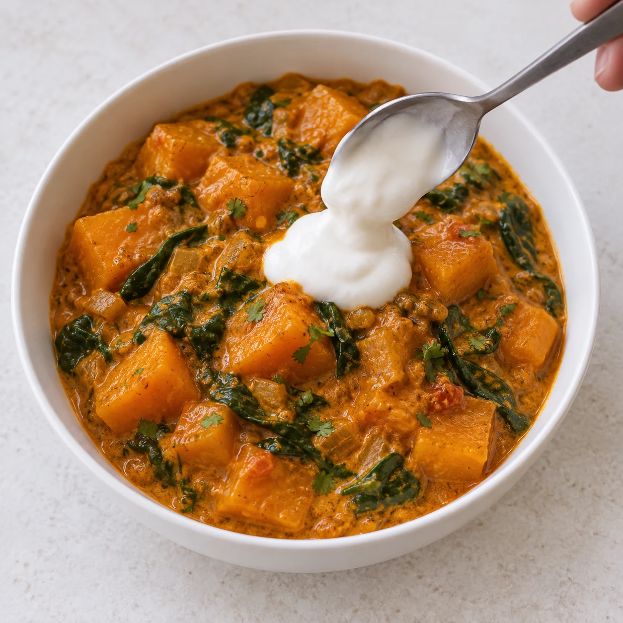 Cuillère déposant une petite touche de yaourt de soja blanc sur curry orange dans un bol blanc, sans riz ni graines.
