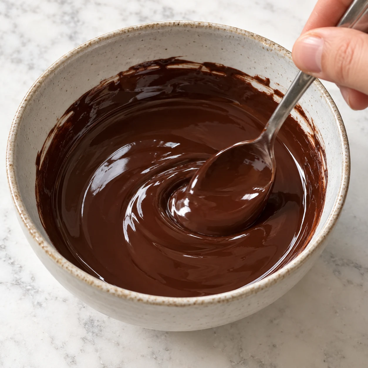 Fais fondre le chocolat noir avec un peu d’huile de coco ; remue jusqu’à ce que le mélange soit fluide et homogène. Montrer seulement les ingrédients déjà introduits dans cette étape, mains adultes anonymes si utiles, pierre pâle et lumière naturelle, aucune personne identifiable ni texte.