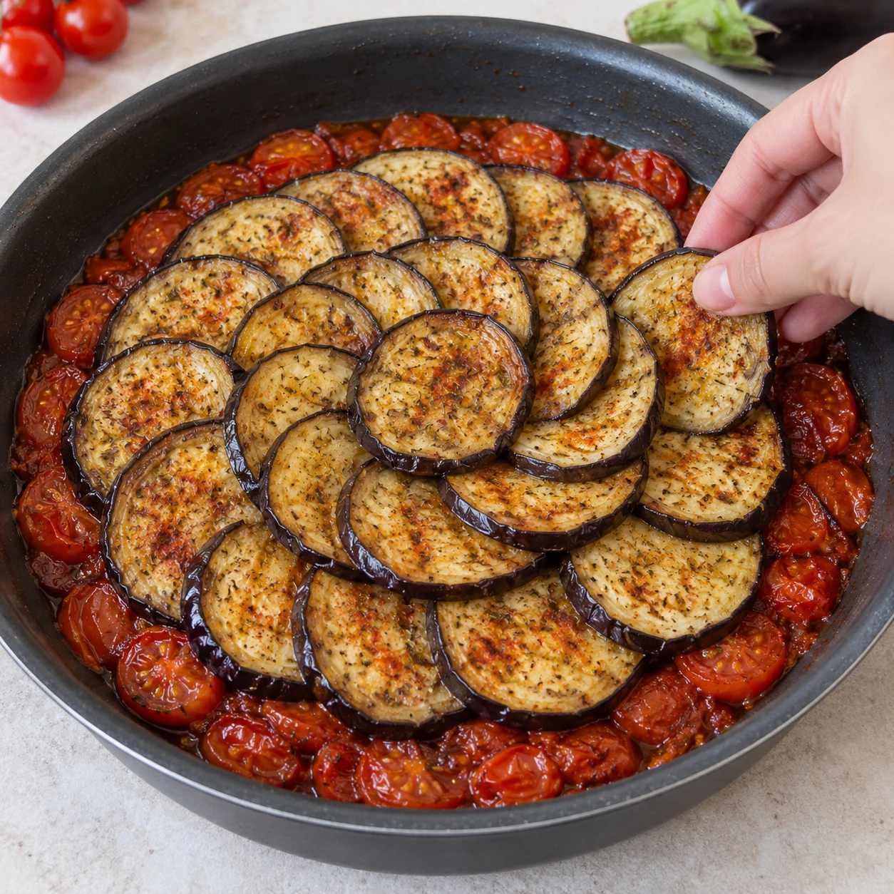 Disposez les rondelles d’aubergine rôties en rosace sur les tomates caramélisées. Montrer une seule phase et aucune personne identifiable.