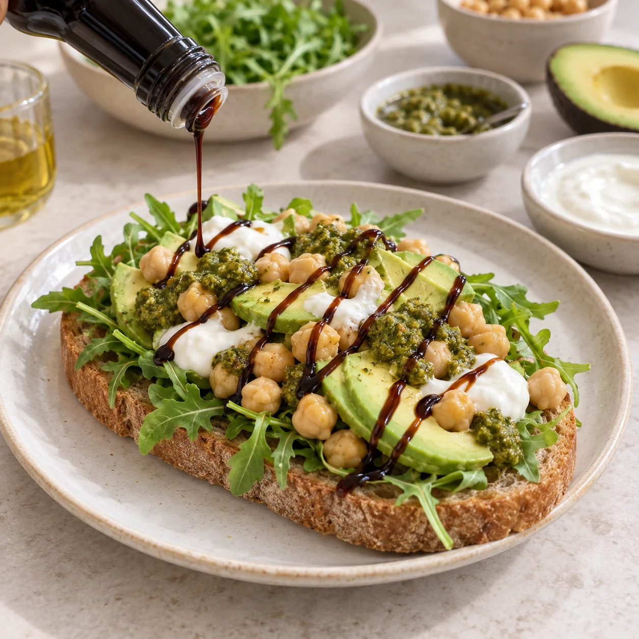 Verse une touche de crème de balsamique en fins traits sur la tartine. Photographie carrée de cuisine, ingrédients végétaux finaux seulement, mains adultes anonymes si nécessaires, aucun texte ni visage.