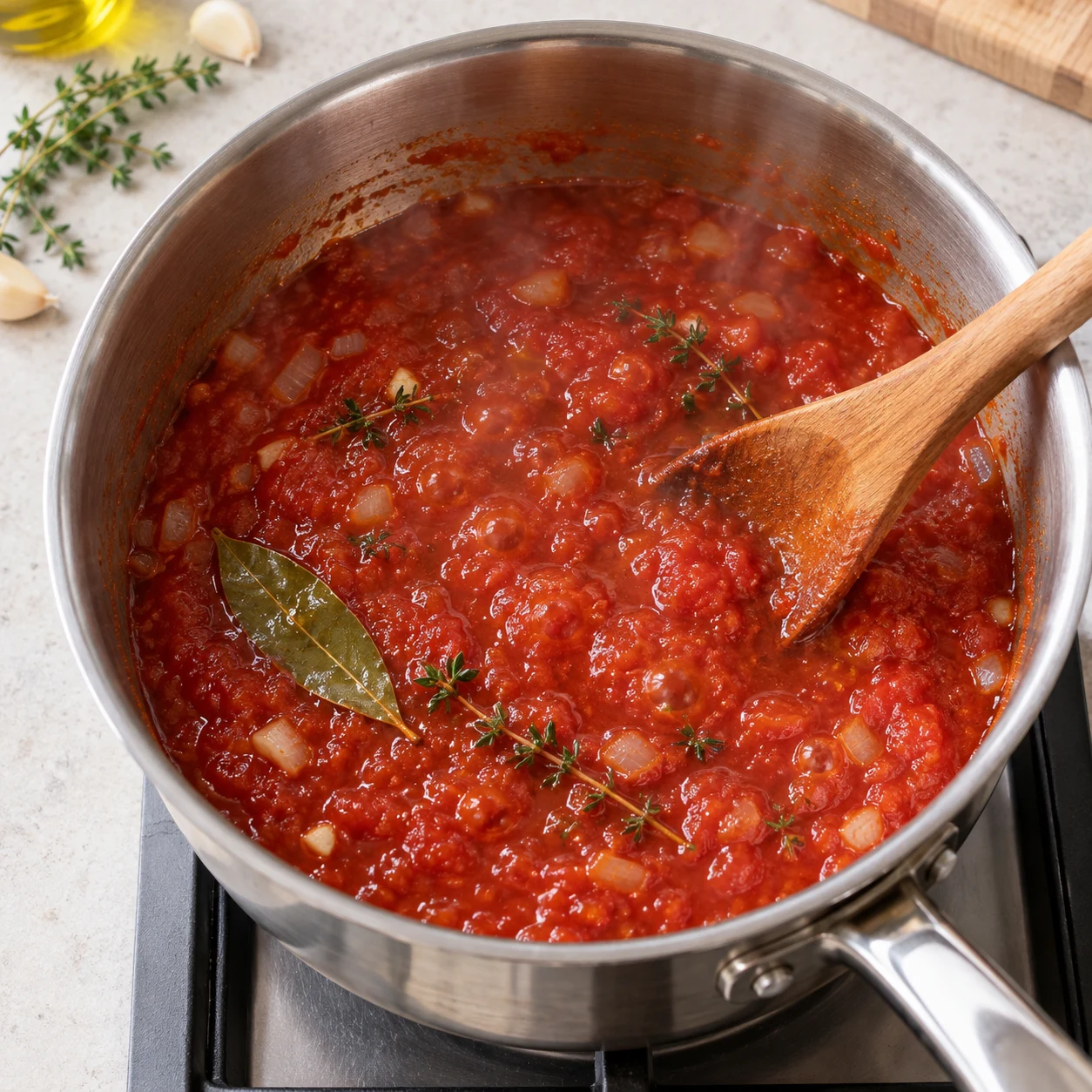 Faire mijoter la sauce : La sauce frémit doucement et épaissit, avec les aromates répartis dans la tomate. Une seule phase culinaire, plan de travail pierre pâle, lumière naturelle, aucun texte.