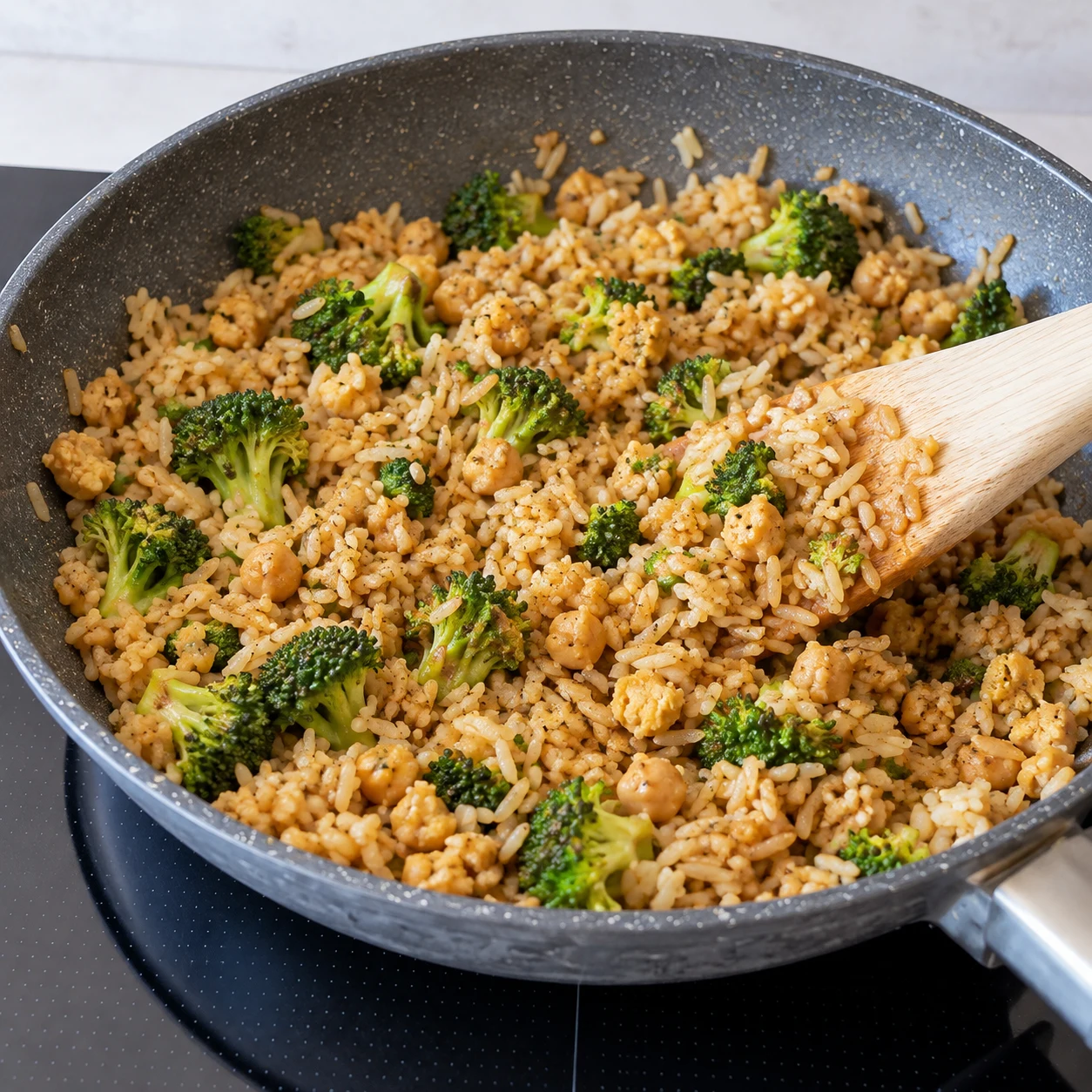 Riz sauté au brocoli et pois chiches émietté, légèrement brun après sauce soja, spatule dans la poêle.
