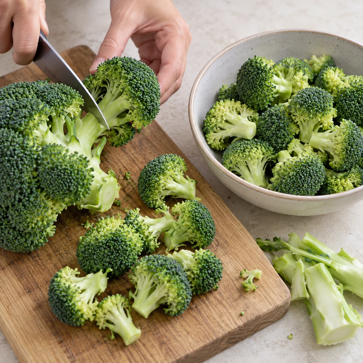 Prélevez 300 g de fleurettes de brocoli crues ; ne les faites pas cuire avant le mixage. Montrer uniquement cet état, sur pierre pâle et sans texte.