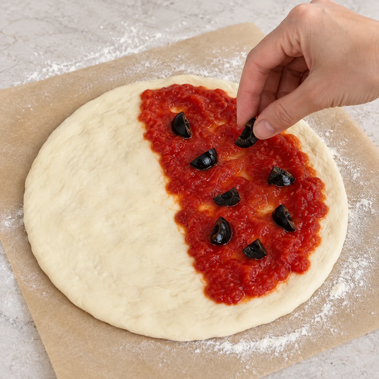 Ajoutez les olives noires dénoyautées sur la sauce, sans quantité chiffrée par la source.
