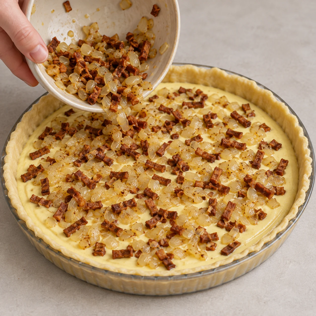 Une seule scène montrant ajouter la garniture, uniquement les ingrédients de cette phase. Les lardons et les oignons sont répartis sur toute la quiche.