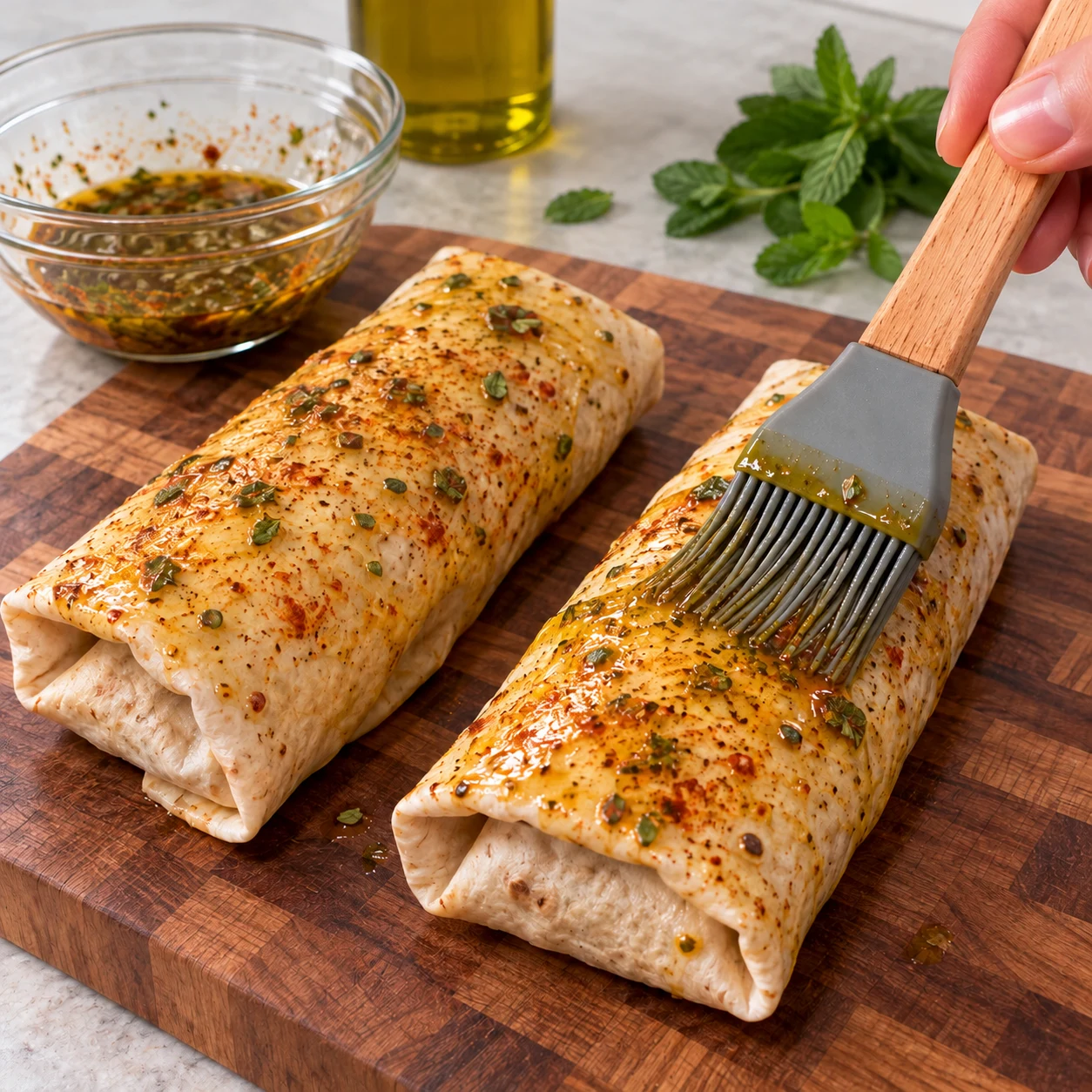 L’extérieur des wraps est couvert d’une fine couche de marinade épicée.
