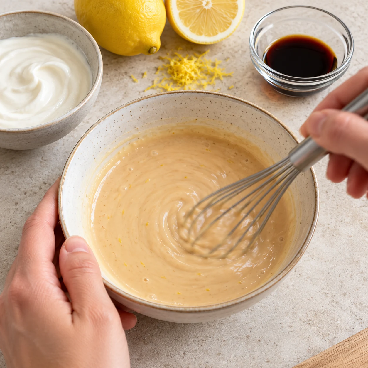 Photographie d’une seule action : Mélange le yaourt et le zeste avec le reste du jus du citron et les 10 g de sauce soja réduite en sel. Résultat attendu : La sauce est lisse et fluide, sans amas de yaourt. Adaptation entièrement végane ; pois chiches entiers, aucun crustacé ni produit laitier.