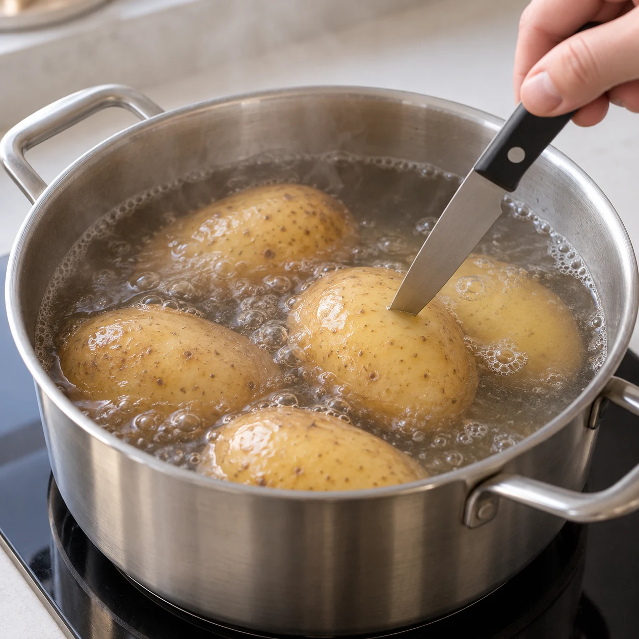 Pommes de terre avec peau dans une casserole d’eau frémissante.