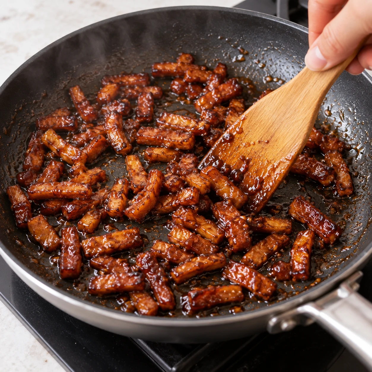 Une poêle neutre avec des petits bâtonnets de lardons végétaux fumés dorés, enrobés de sauce soja érable pimentée ; une spatule remue le mélange, aucune lamelle de tempeh.