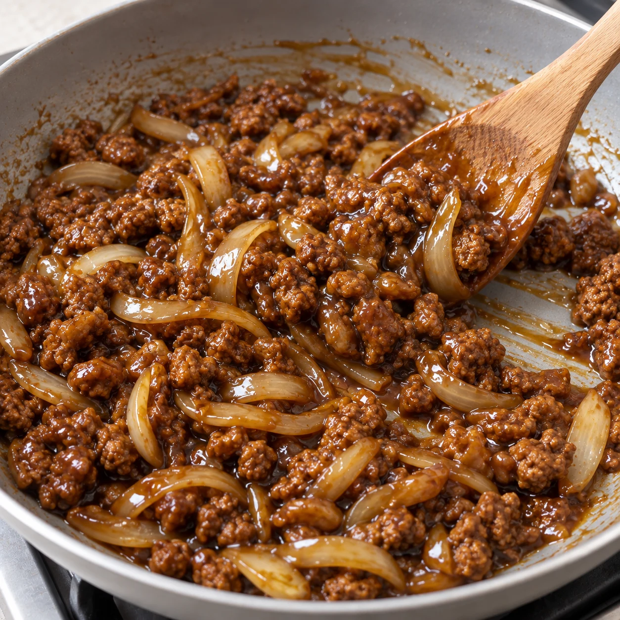 Sauce soja épaissie qui nappe les morceaux de steaks végétaux et l’oignon.