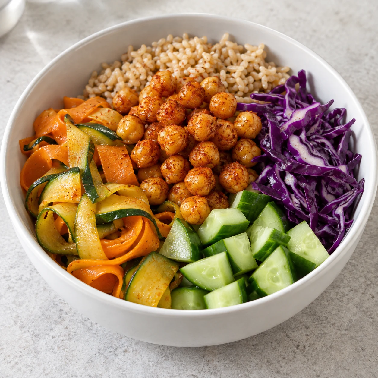 Photographie d’une seule action : Répartis dans un bol les 100 g de riz complet déjà cuit, les rubans de légumes poêlés, le chou rouge, le concombre et le pois chiches doré. Résultat attendu : Chaque composant reste visible dans le bol assemblé. Adaptation entièrement végane ; pois chiches entiers, aucun crustacé ni produit laitier.