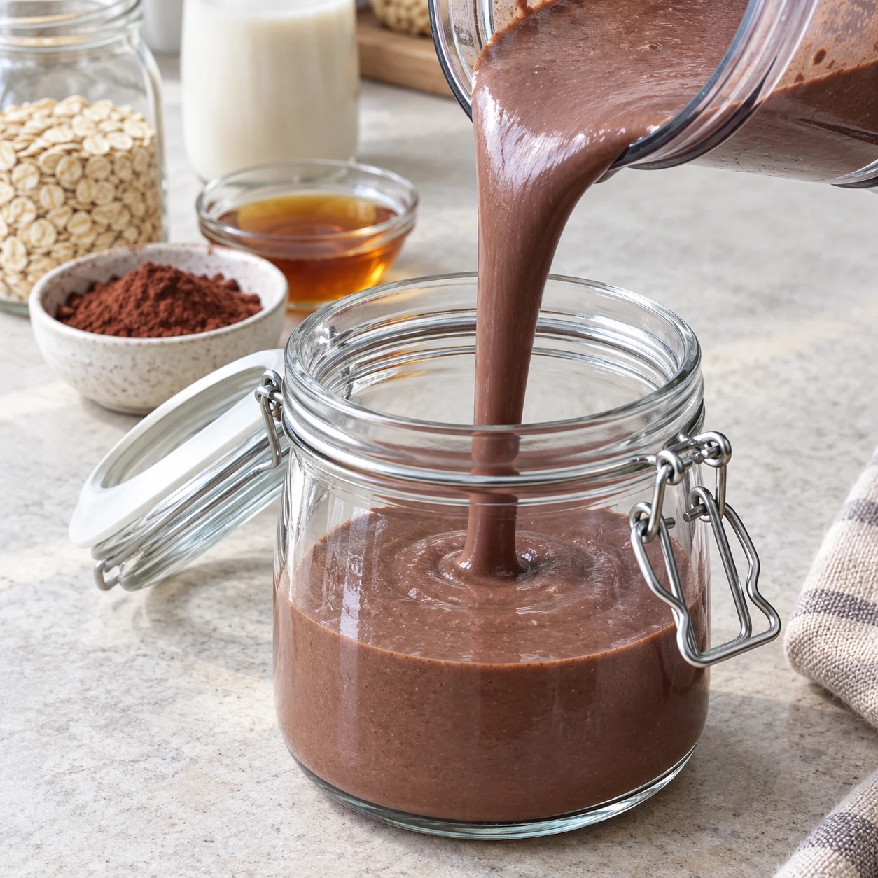 Crème liquide brune versée du mixeur dans un bocal.