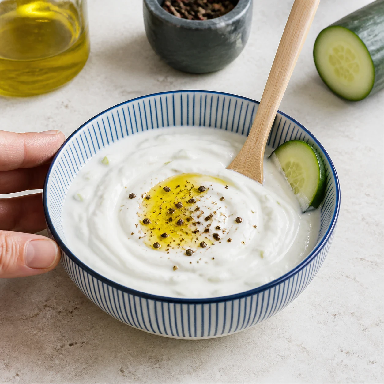 Tzatziki blanc épais dans un petit bol en céramique à rayures bleues, filet d'huile d'olive doré au centre, points de 5 baies moulues, une rondelle de concombre posée contre le bord intérieur, cuillère en bois claire plantée dedans, aucune herbe, aucun texte, aucune marque.