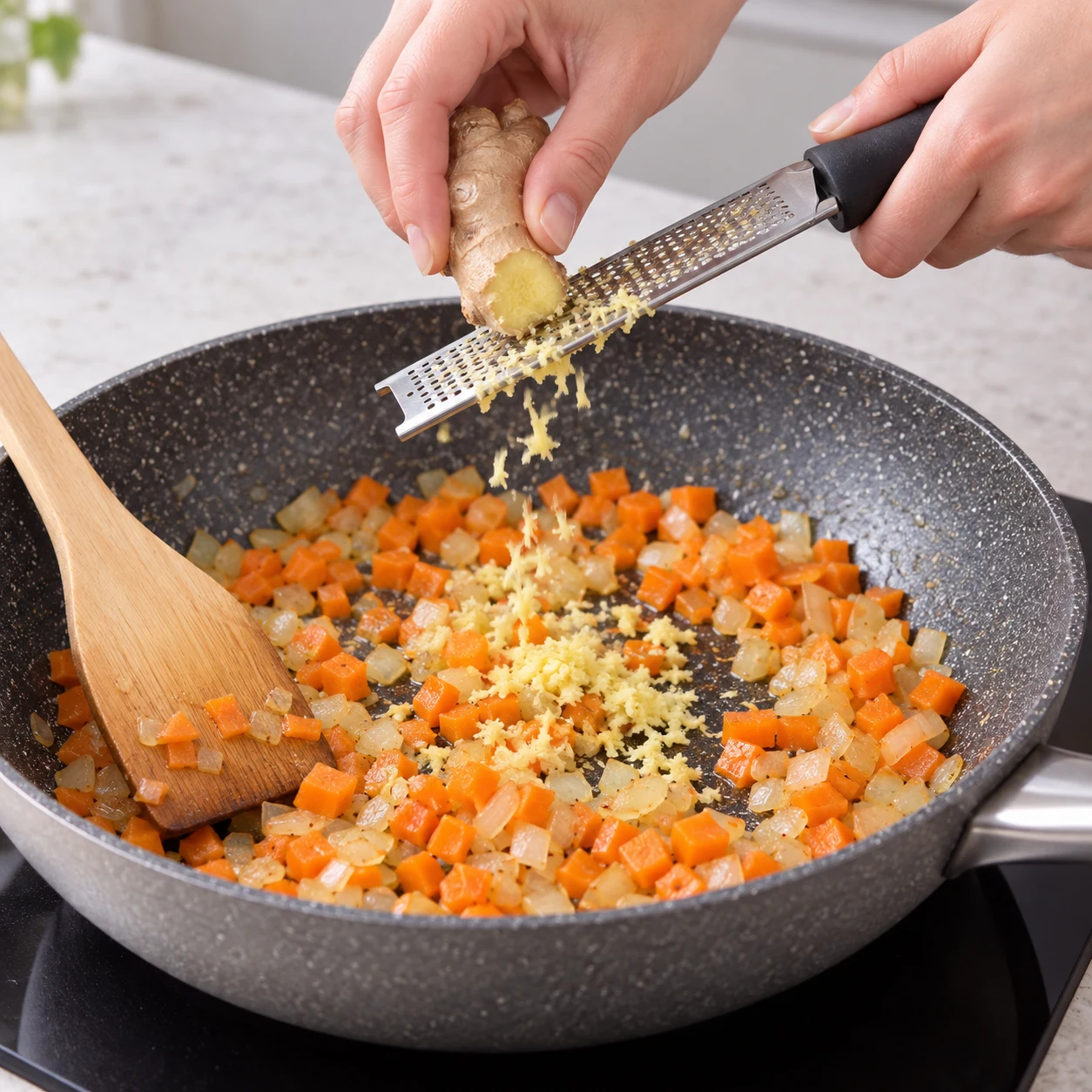 Râpez le gros bout de gingembre au-dessus de la sauteuse en gardant les doigts à distance de la râpe. État attendu : Du gingembre râpé est réparti sur les légumes. Une seule scène de cuisine, sans personne identifiable.