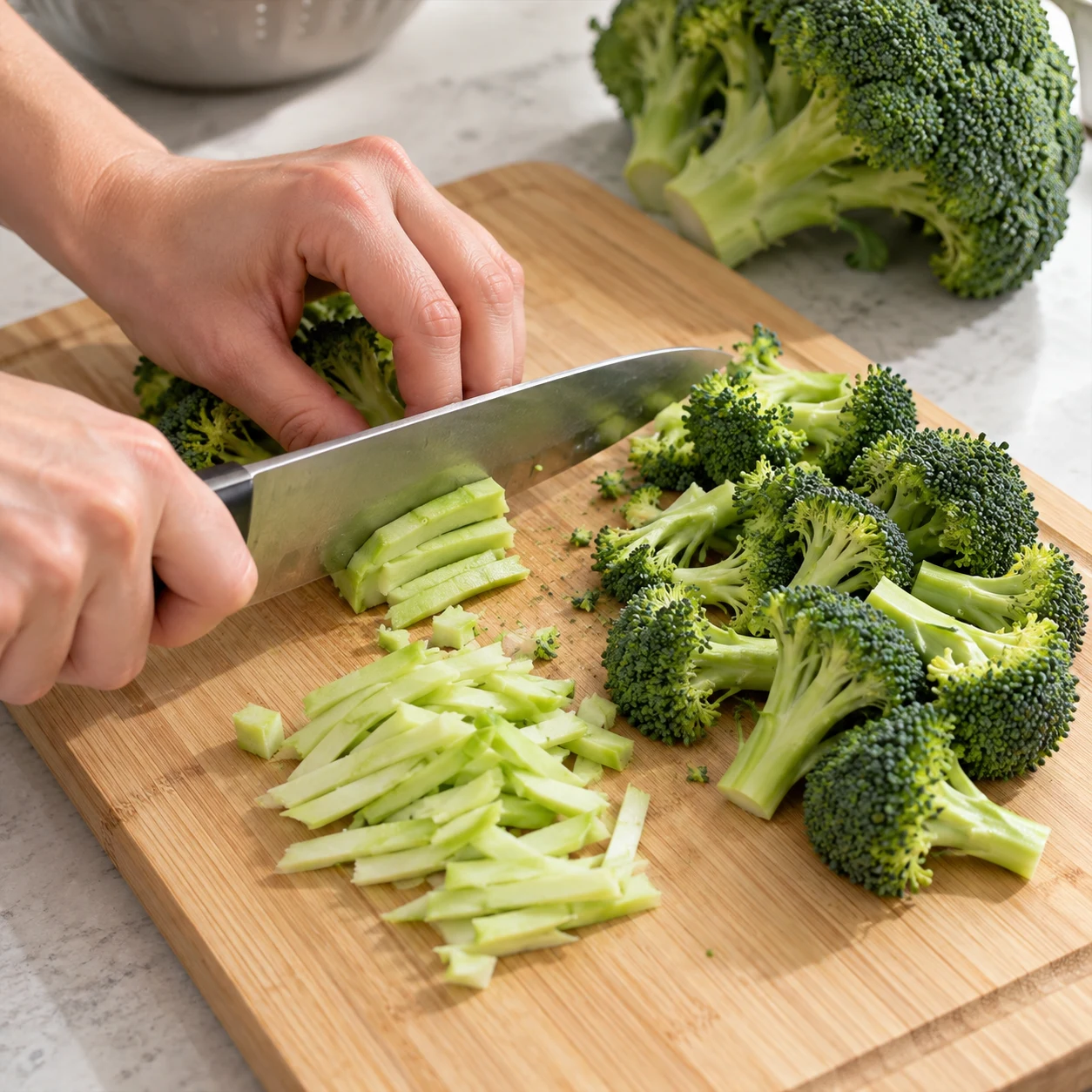 Couteau sur planche claire, petits bouquets verts et fines lamelles de tige ; brocoli uniquement.