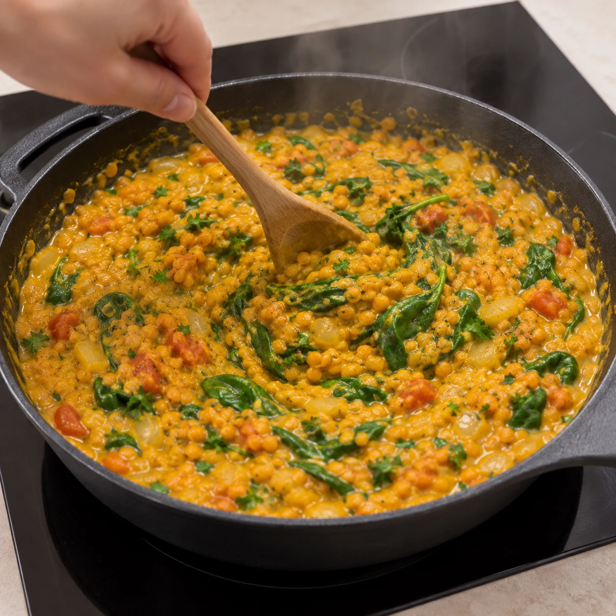 Laisse le curry mijoter en remuant pour homogénéiser les lentilles, la sauce et les feuilles. Le résultat visuel : Le curry est chaud et crémeux, avec des feuilles d’épinards assouplies.