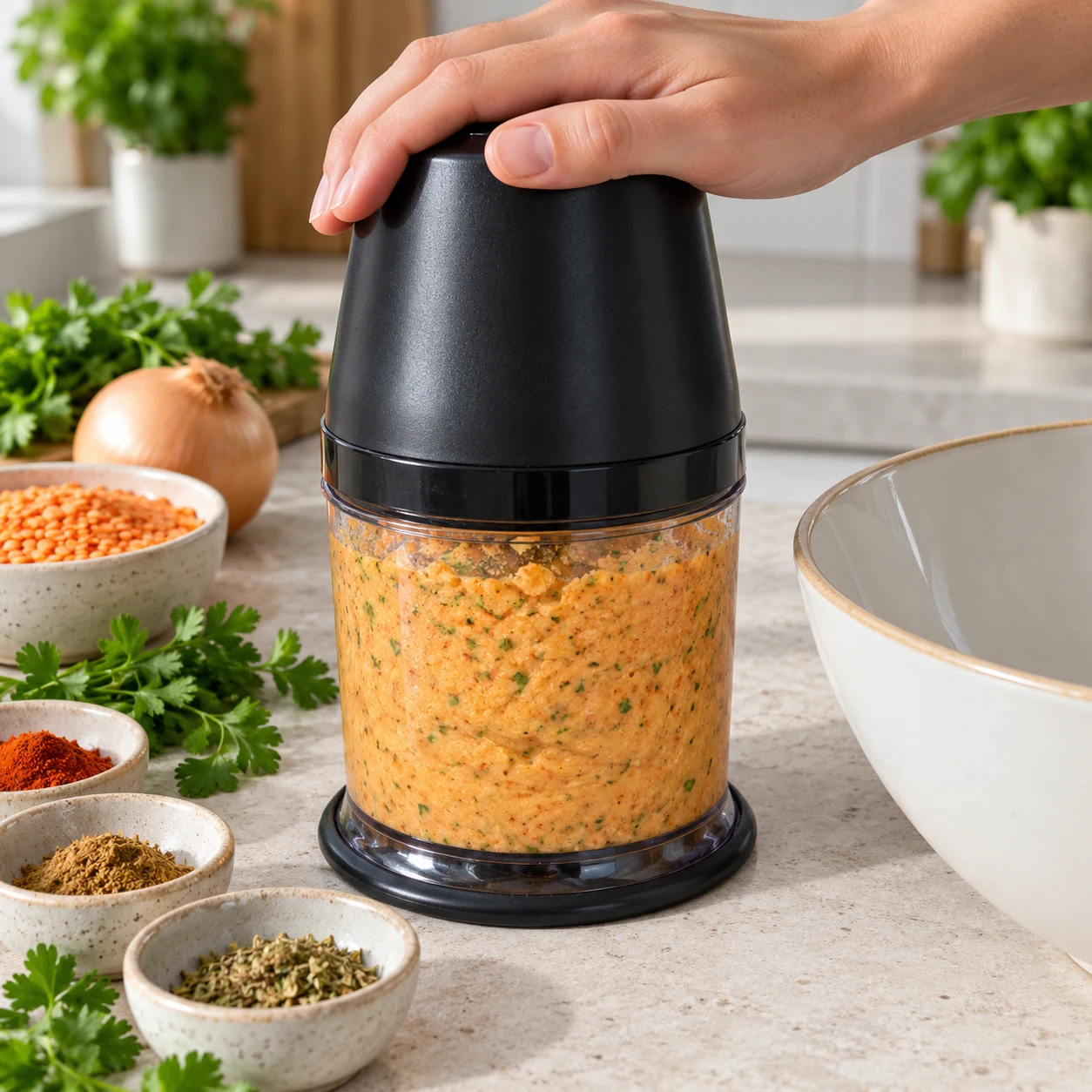 Mini-hachoir rempli d’une pâte orangée et homogène de lentilles mixées, piquée de vert, une main posée sur le couvercle.