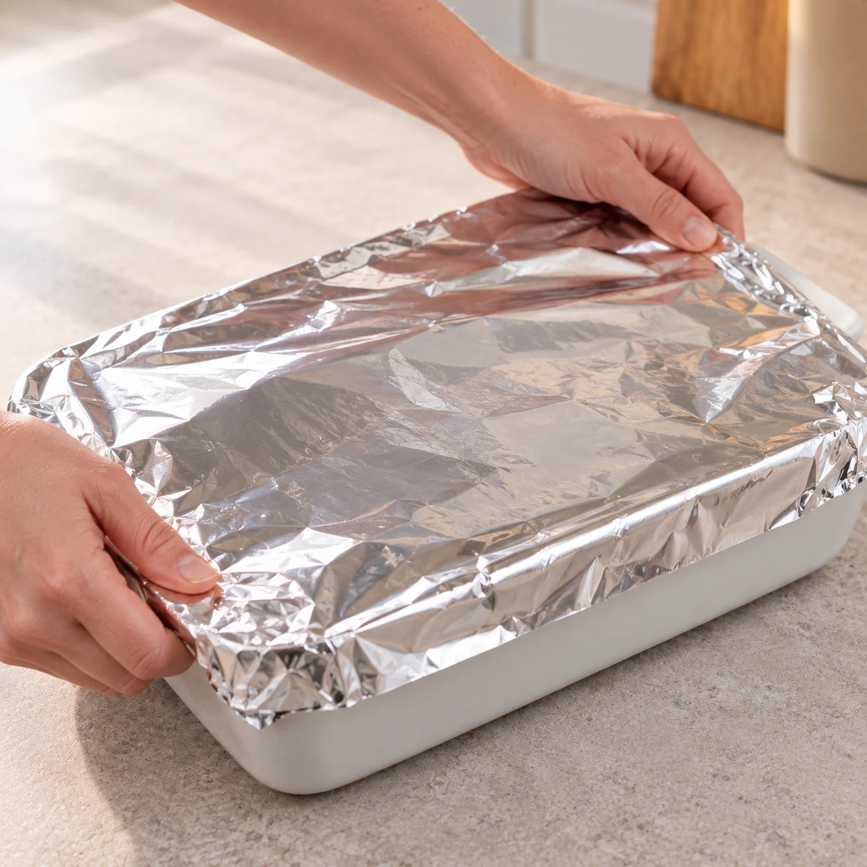 Couvrir le plat : La feuille d’aluminium recouvre complètement le plat. Ingrédients visibles exclusivement : Haché végétal de soja cuisiné, Pommes de terre, Oignon émincé, Ail, Poivron vert en dés, Haricots rouges en conserve, égouttés, Tomates concassées, Yaourt de soja nature, Tranchettes végétales sans soja, Huile d’olive, Sel, Poivre noir moulu, Cumin moulu, Paprika moulu, Piment en poudre.
