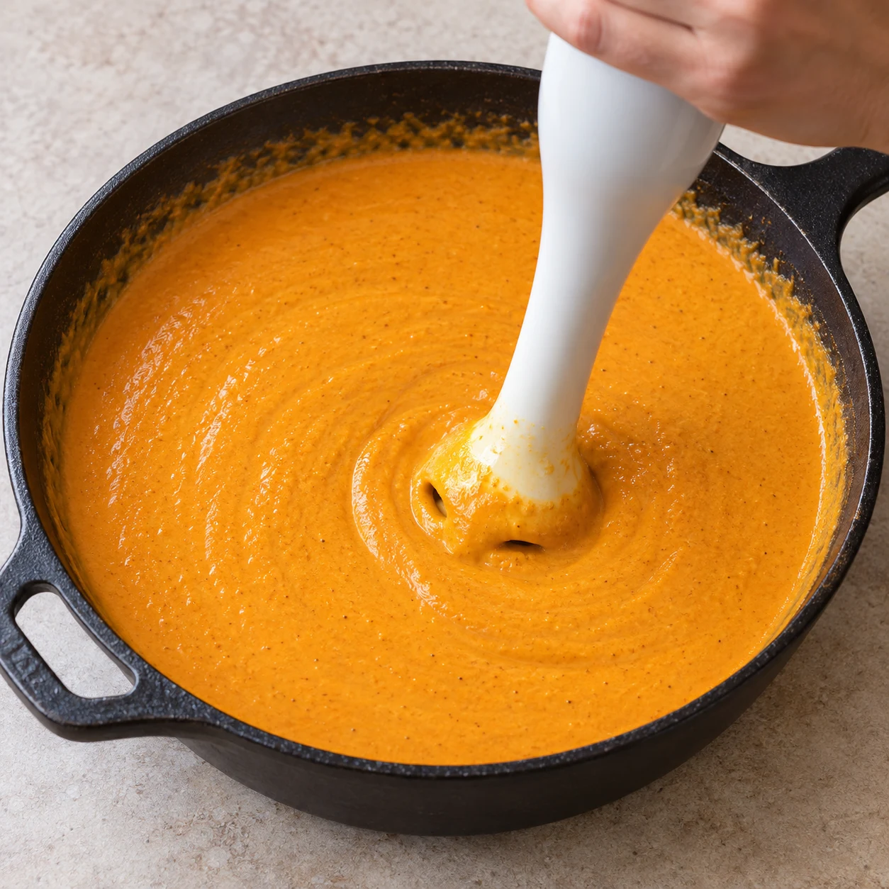 Mixer la sauce. La sauce est lisse, homogène et très onctueuse, sans morceaux de cajou. Une seule action, mêmes ingrédients et état que la capture ; mains adultes anonymes si utiles. Légende autorisant oignon blanc ou rouge : montrer l’oignon rouge sélectionné, même si la capture montre un oignon clair.