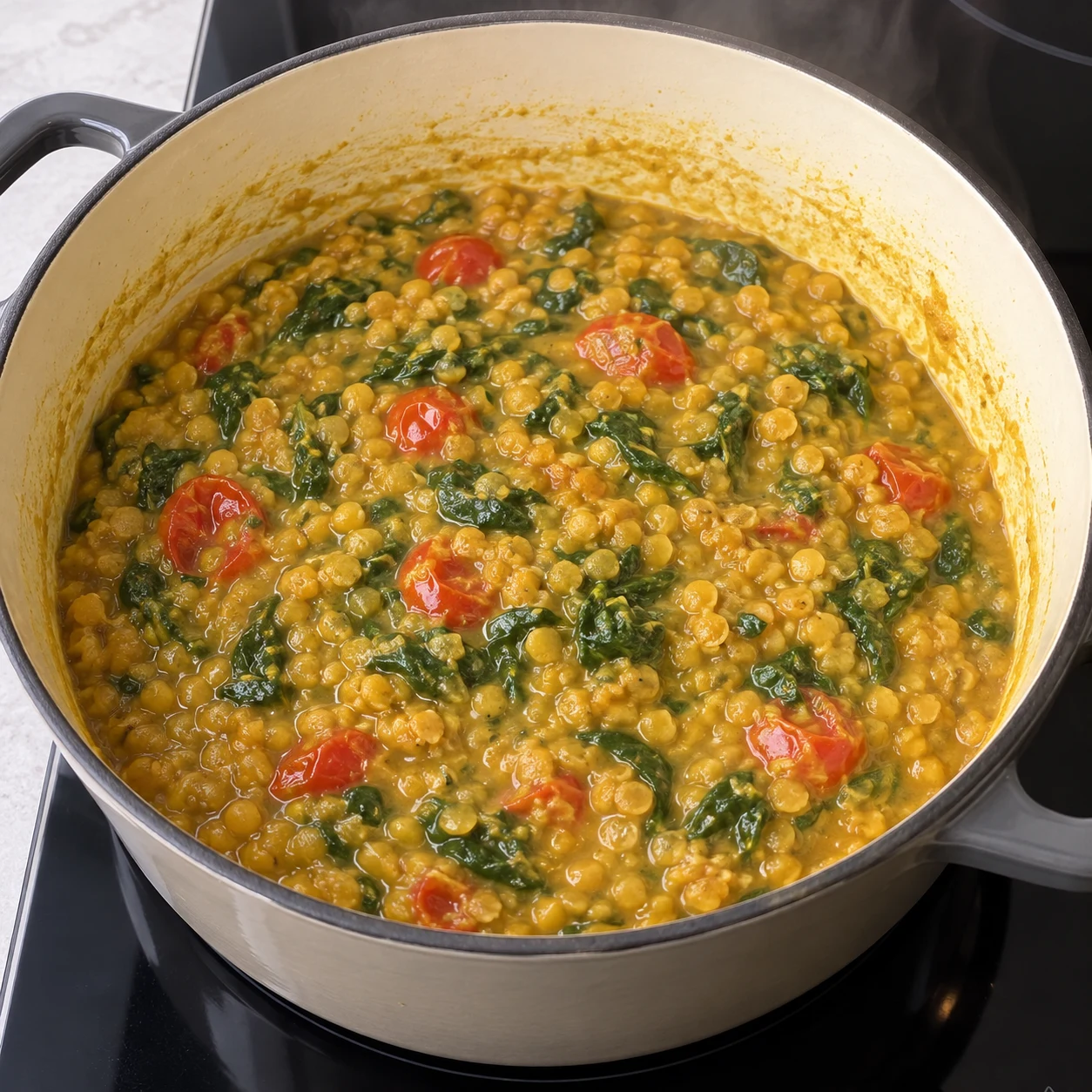 Un seul faitout contenant le dhal cuit jaune orangé, épais mais humide, feuilles vert foncé d’épinards et morceaux rouges de tomates fondantes. Montrer l’état atteint après la cuisson douce, aucune main ni garniture.