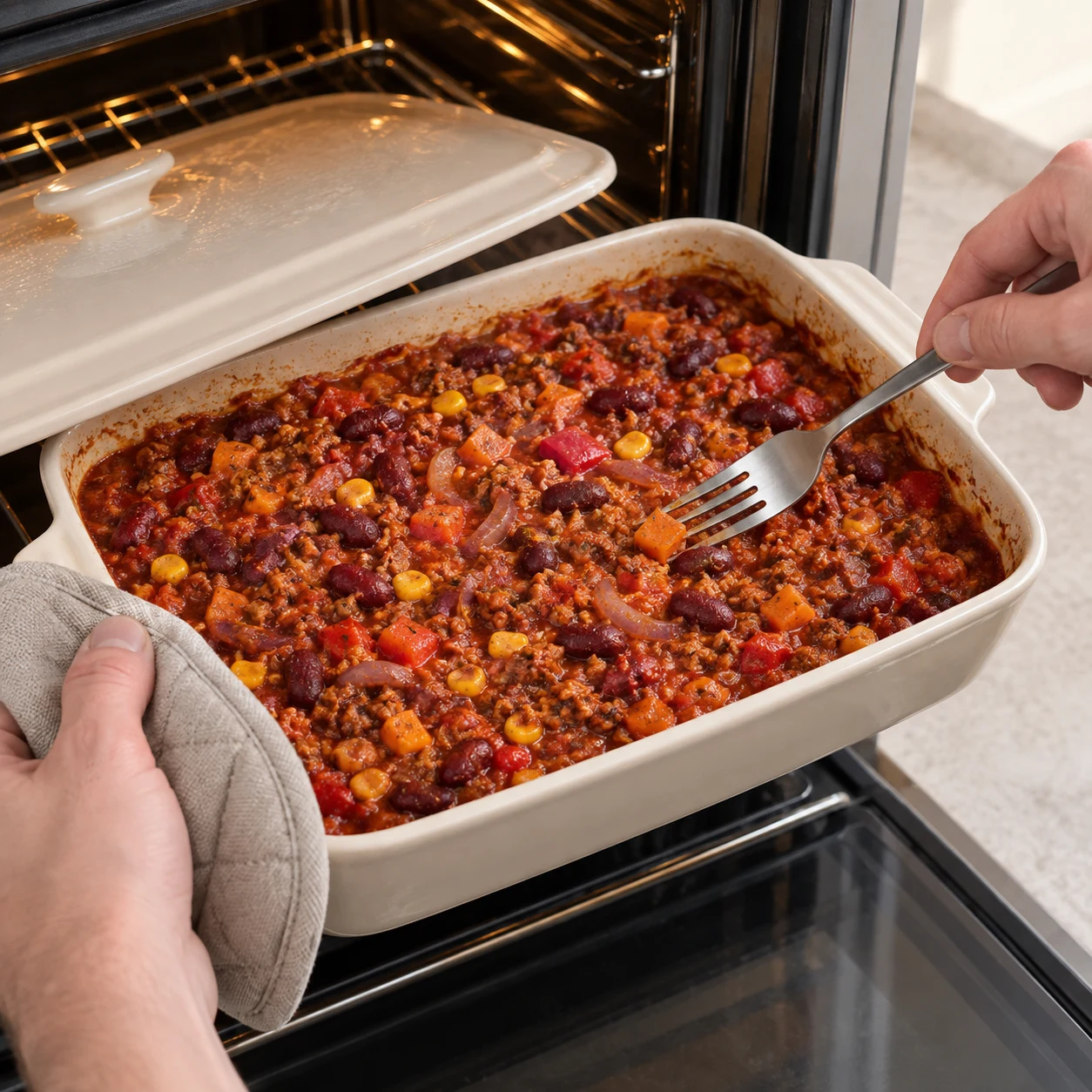 Faites cuire le plat couvert pendant 40 minutes à 180 °C, comme annoncé dans la recette d’origine. Utilisez des maniques pour sortir le plat chaud ; vérifiez la texture des petits dés de carotte avant de servir.