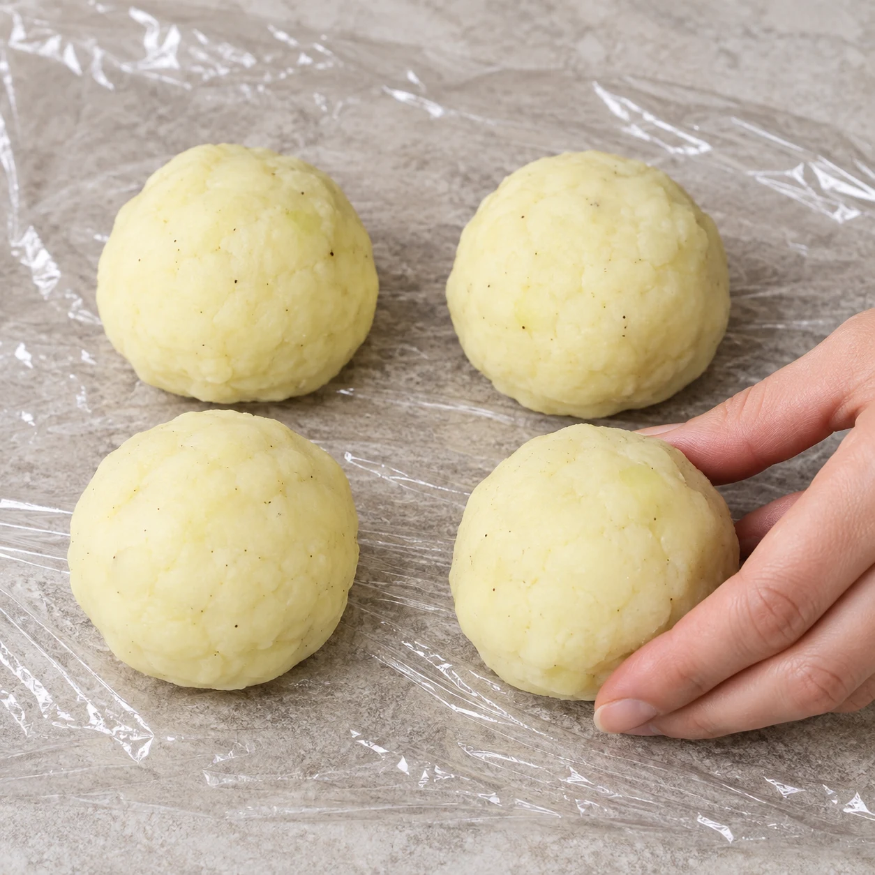 Photographie pédagogique de cette seule action : Divise la pâte en quatre morceaux égaux et forme quatre boules. État final : Tu as quatre boules de même taille. Aucun ingrédient supplémentaire ni personne identifiable.