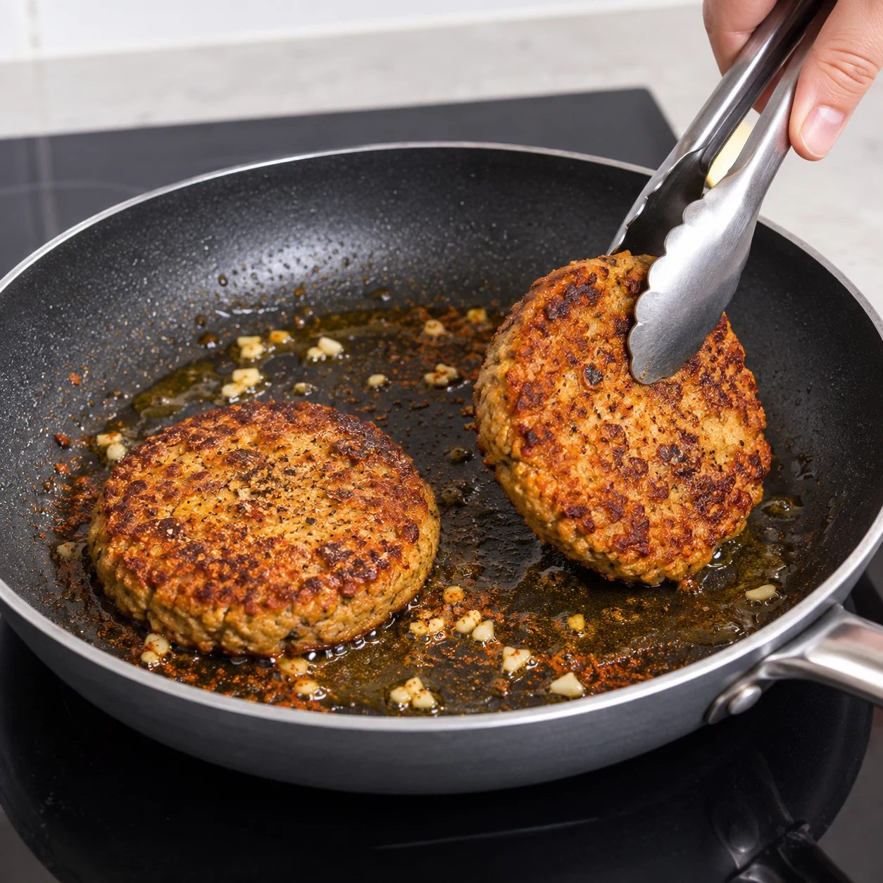 Une pince retourne un steak végétal rond de pois et de fèveroles, face dorée au paprika, dans une poêle. Pas de tofu ni de viande.