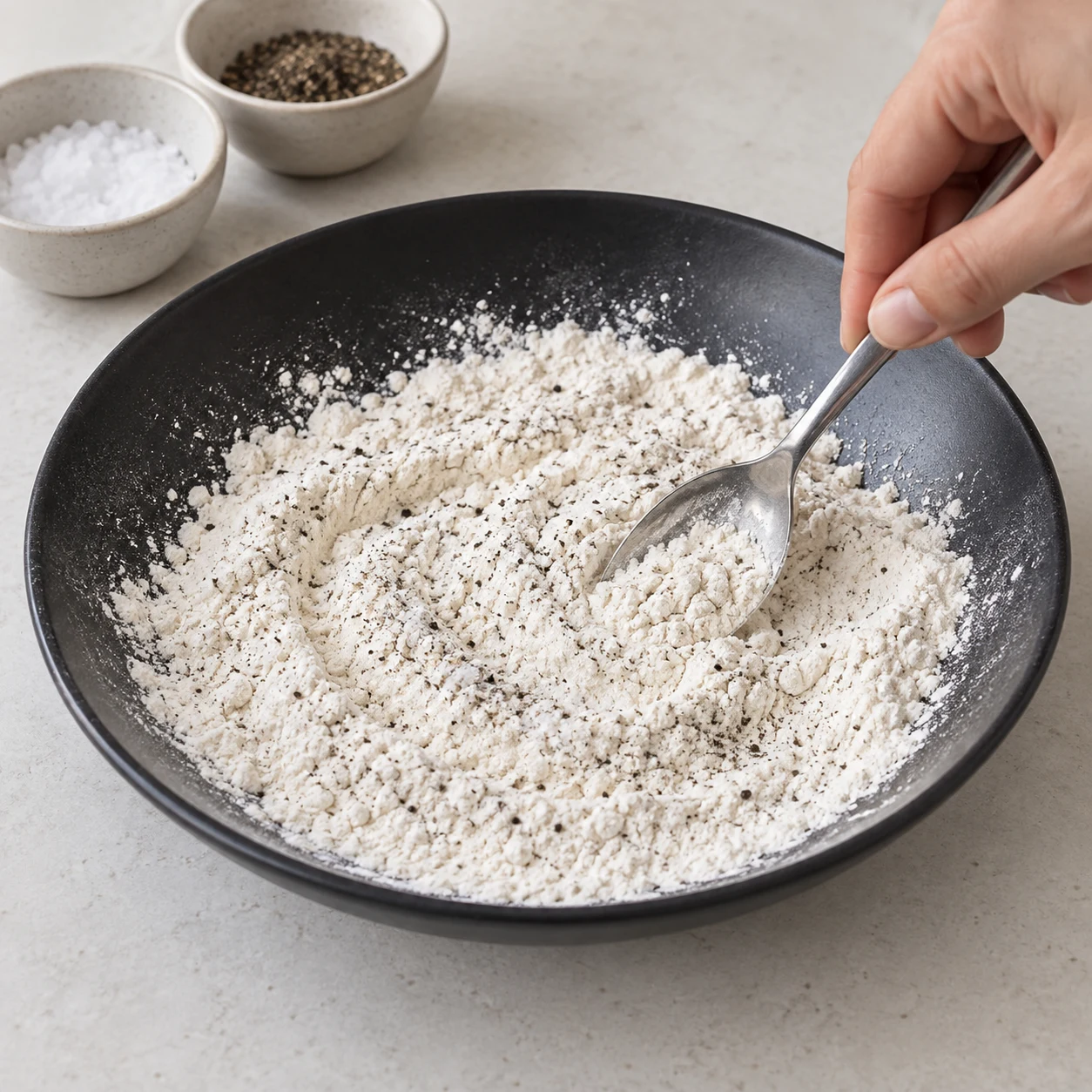 Dans une assiette creuse, mélange environ 50 g de farine avec du sel et du poivre selon ton goût. Résultat : Le sel et le poivre sont répartis dans la farine.