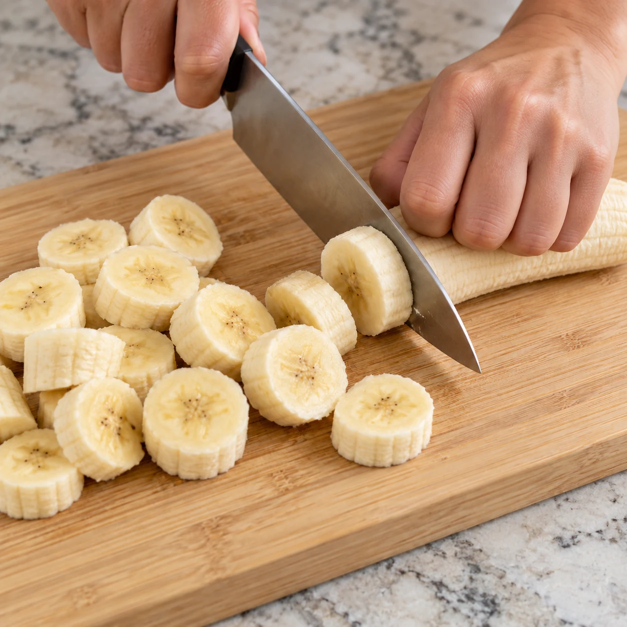 Rondelles de banane crue, coupe sur une planche stable et prise en griffe sûre.