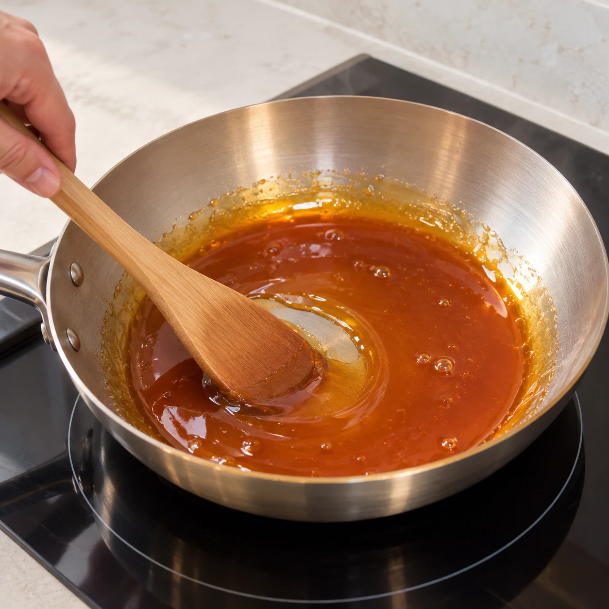 Sucre devenu caramel ambré brillant dans une poêle.