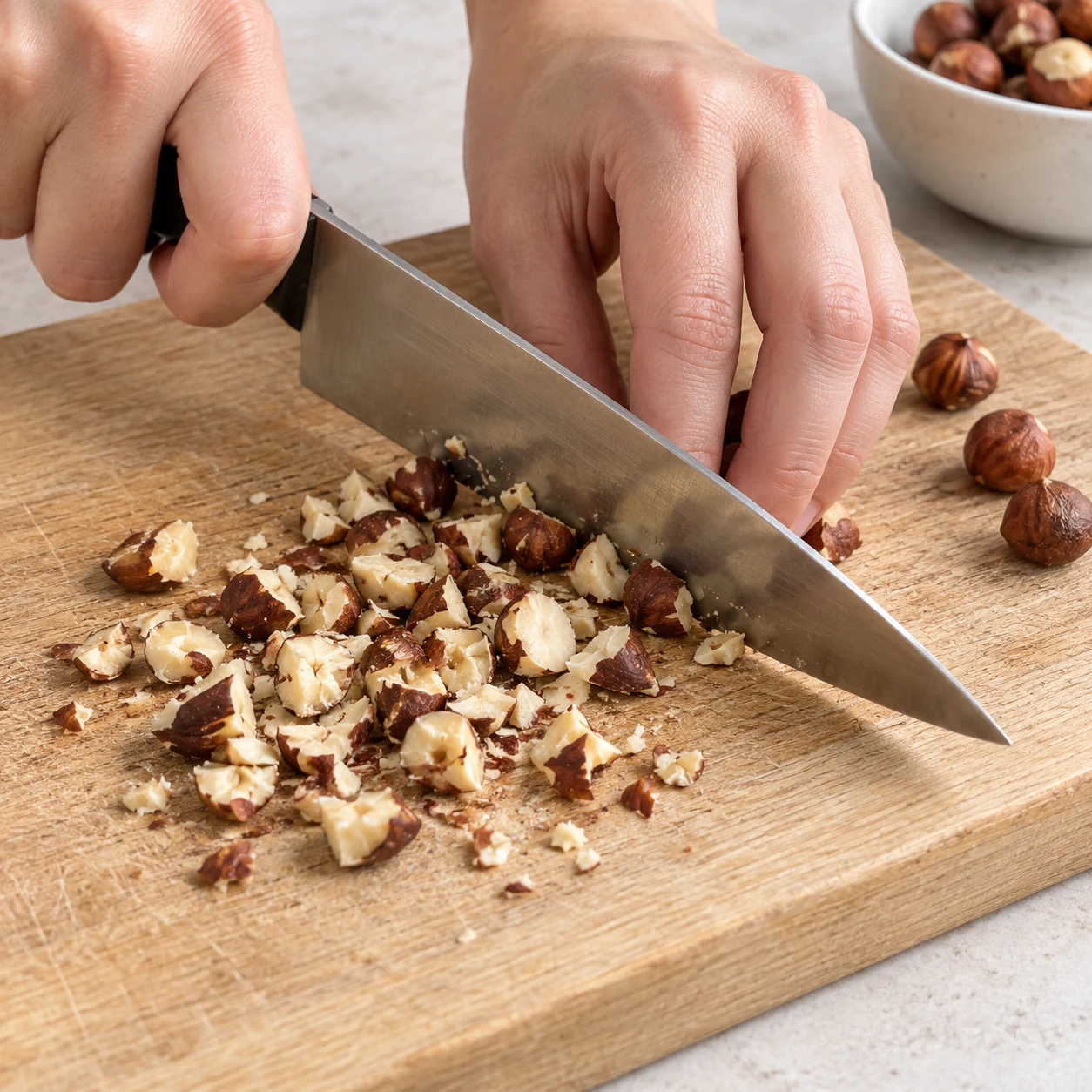 Noisettes concassées grossièrement, couteau et prise en griffe sûre sur une planche.