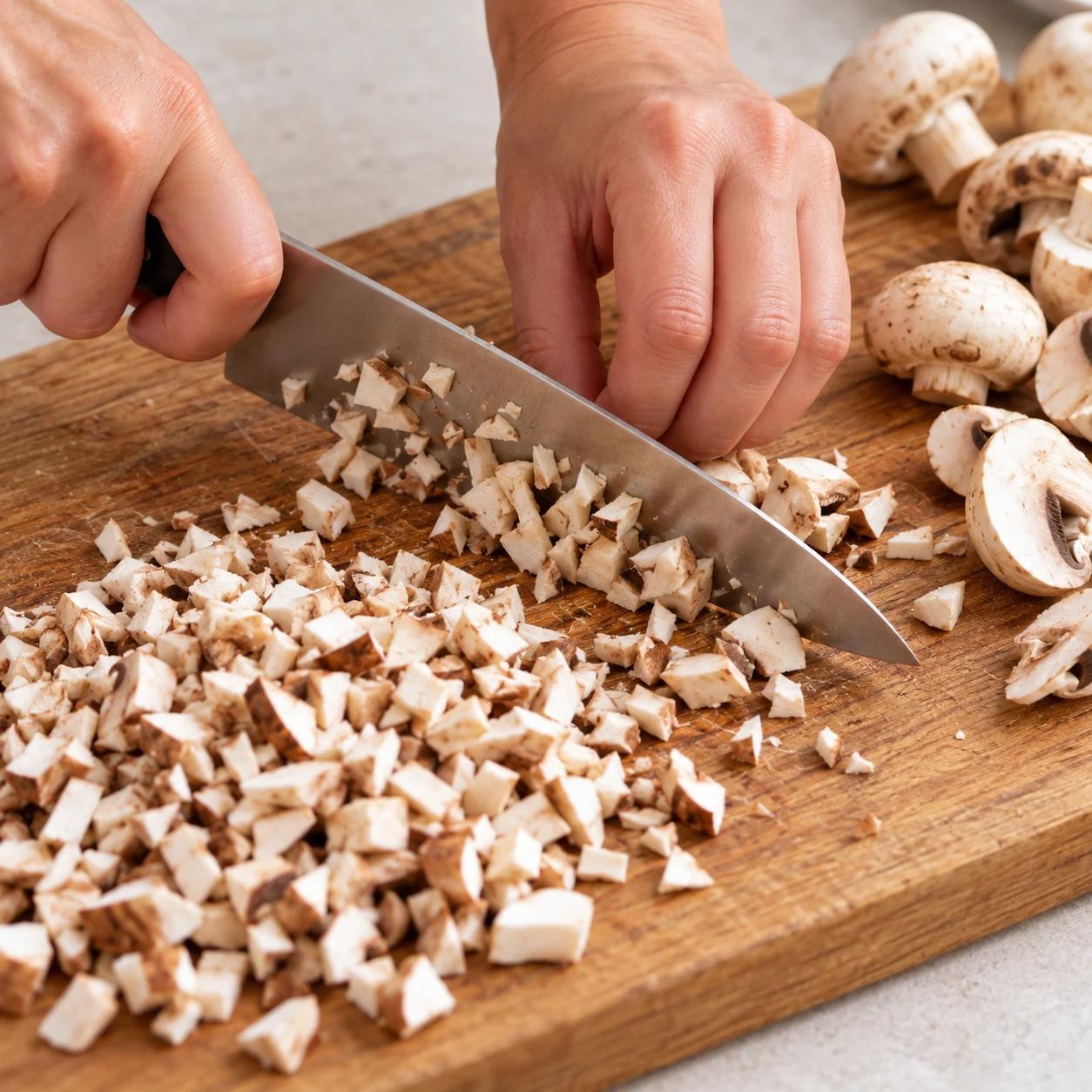 Découpe fine de champignons frais, lame et prise en griffe lisibles.