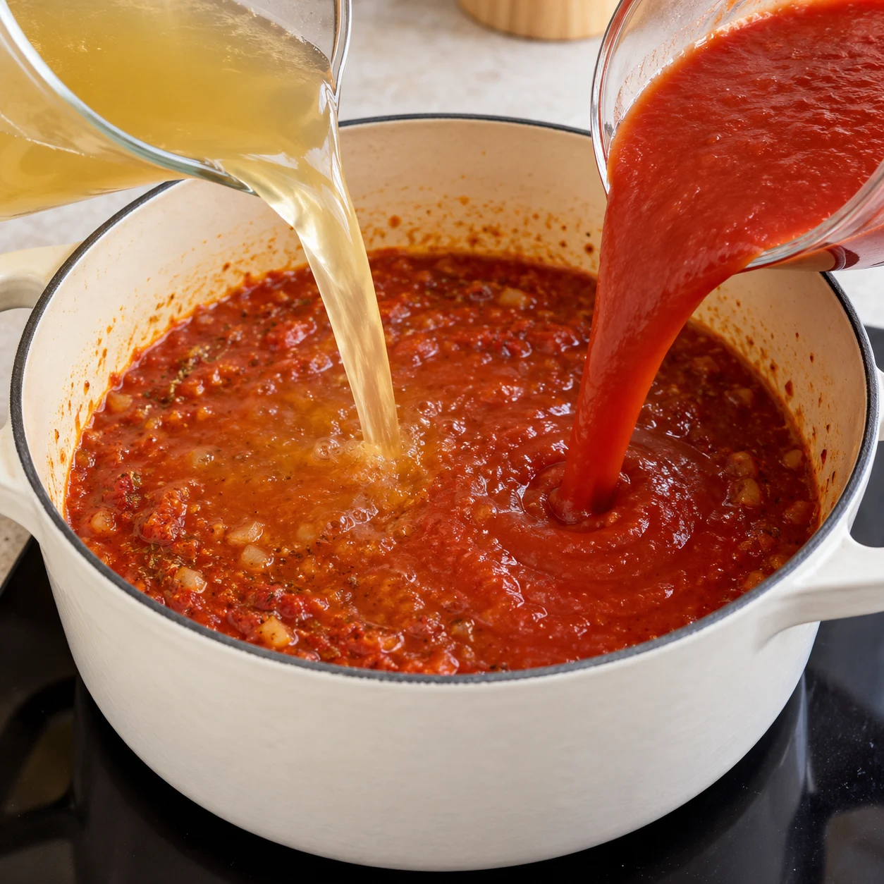 Verse le bouillon préparé à partir du cube dans la base de sauce tomate ; aucun cube solide dans la casserole.