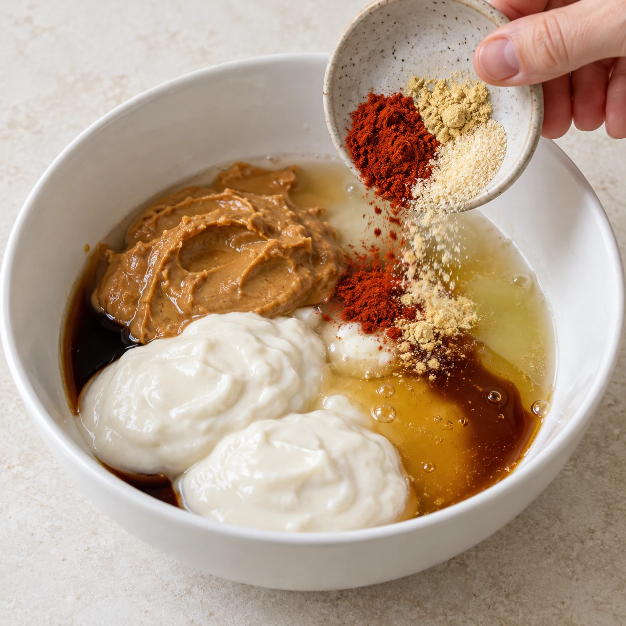 Bol avec pâte de cacahuète, soja nature blanc, liquides d’assaisonnement et épices rouge et beige avant mélange.