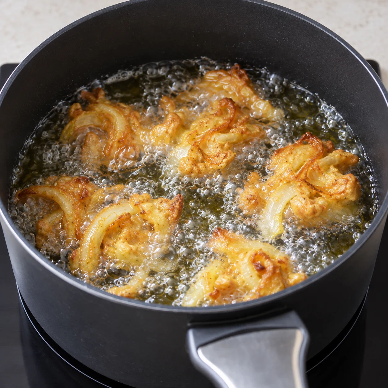 Beignets d’oignon irréguliers aux arcs de lamelles visibles, en train de frire et de dorer dans une casserole noire ; huile bouillonnante, croûte jaune doré avec zones brunes.