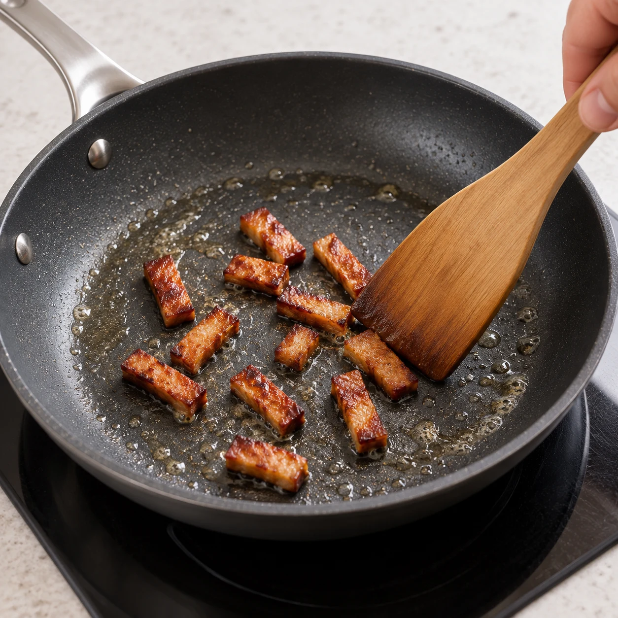 Une petite quantité de lardons végétaux fumés dorant en poêle, remués avec spatule.