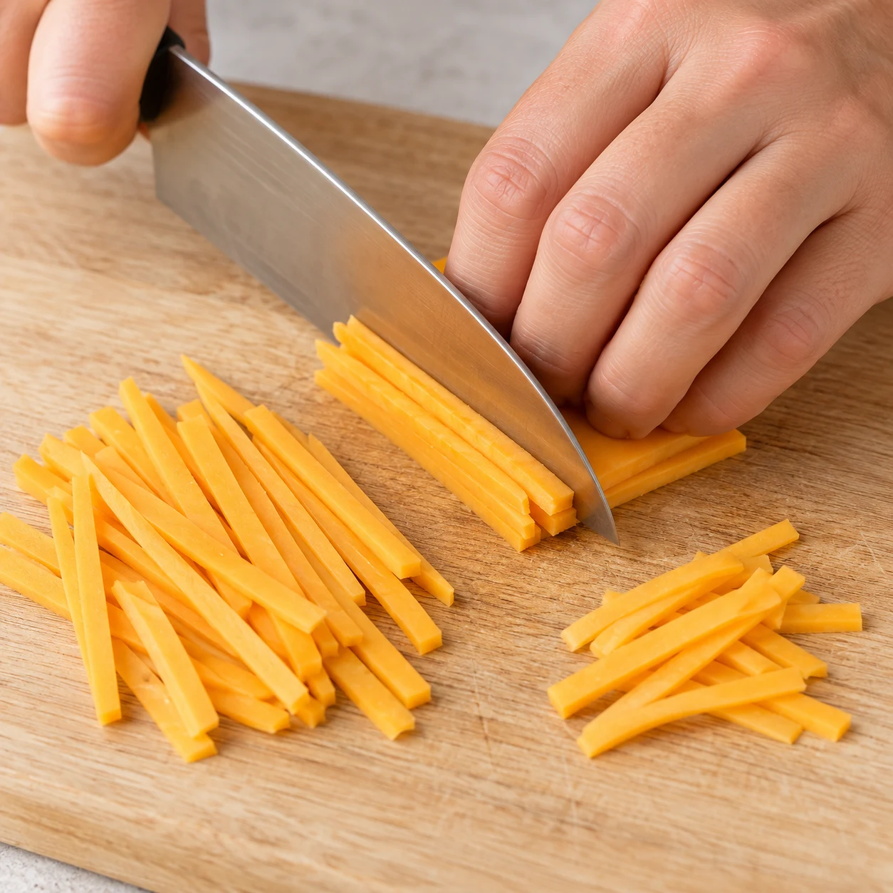 Main anonyme en prise en griffe découpant des tranches végétales façon cheddar orangées en fines lanières au couteau sur planche stable ; aucune matière laitière.