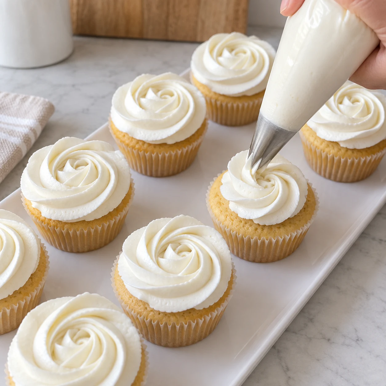 Pocher les roses : Chaque cupcake porte une rose dont les cannelures restent nettes.