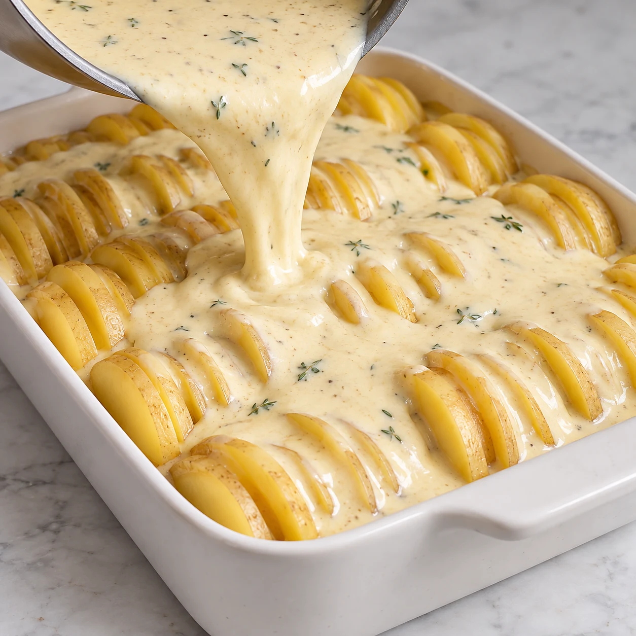 Sauce crémeuse végétale avec petits points de thym versée sur les fines rondelles crues dressées dans un plat blanc. Les tranches végétales façon cheddar sont orangées ; aucune matière laitière.
