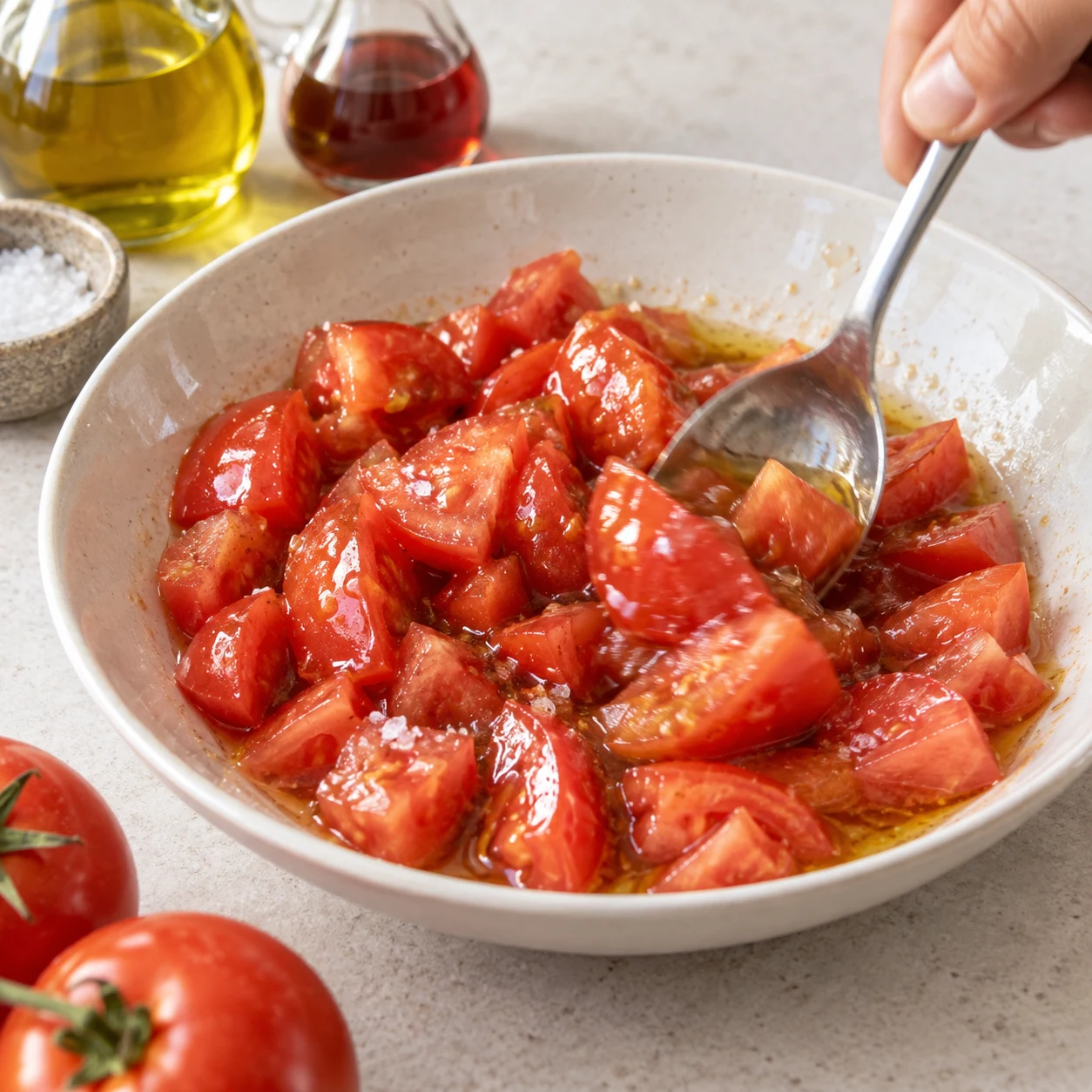 Une cuillère mélange délicatement les tomates dans leur jus assaisonné.