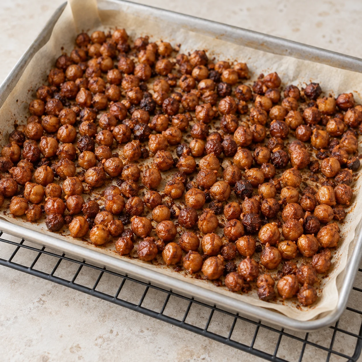 Pois chiches grillés brun-rouge versés dans un bol blanc, texture sèche et légèrement ridée.