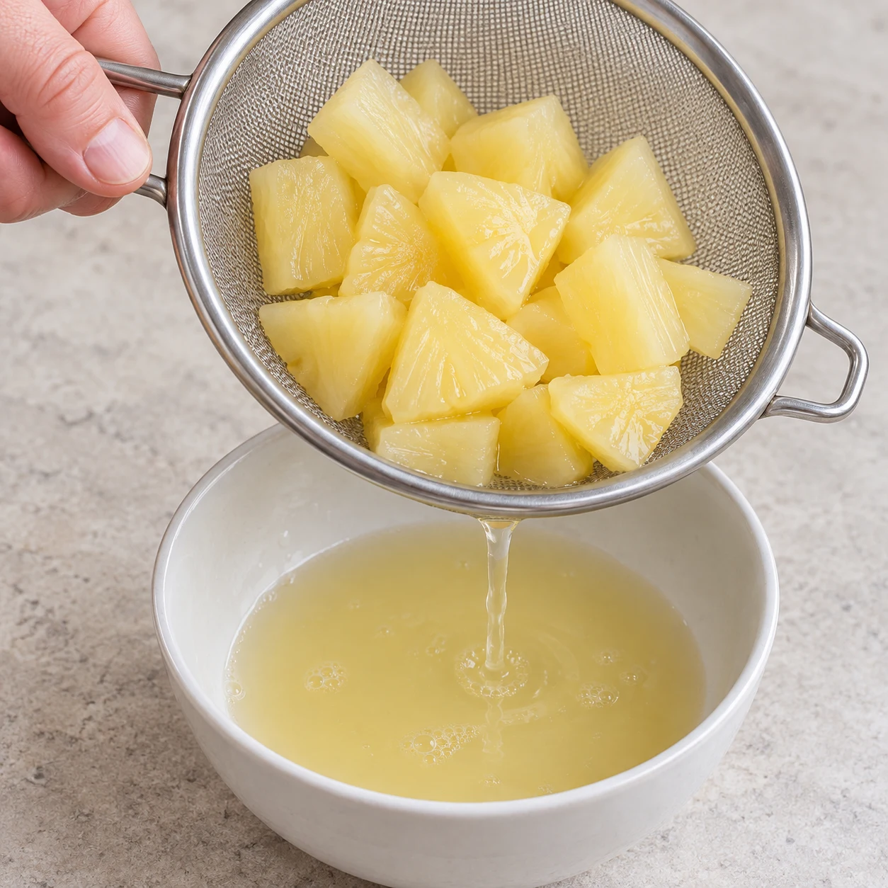 Une main adulte anonyme incline une passoire contenant des morceaux jaunes pâles d’ananas en conserve, au-dessus d’un bol qui recueille leur jus. Montrer le liquide réservé et les morceaux égouttés, sans couteau ni emballage.
