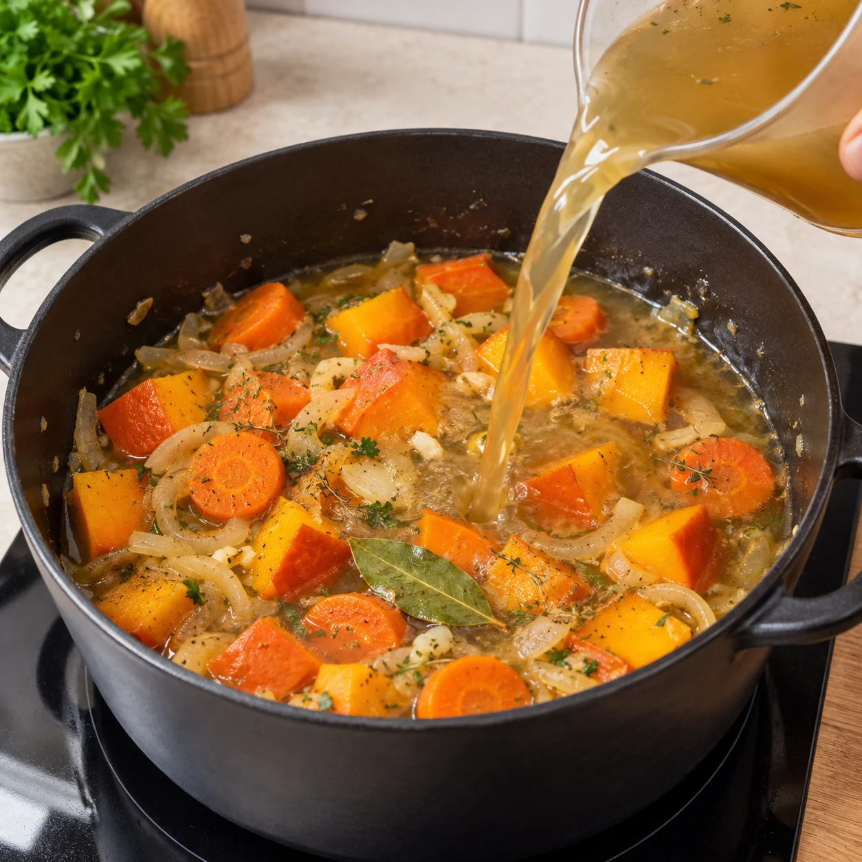 Verse les 500 ml de bouillon végétal préparé dans la cocotte. État à montrer : Le bouillon entoure les légumes et le steaks végétaux.