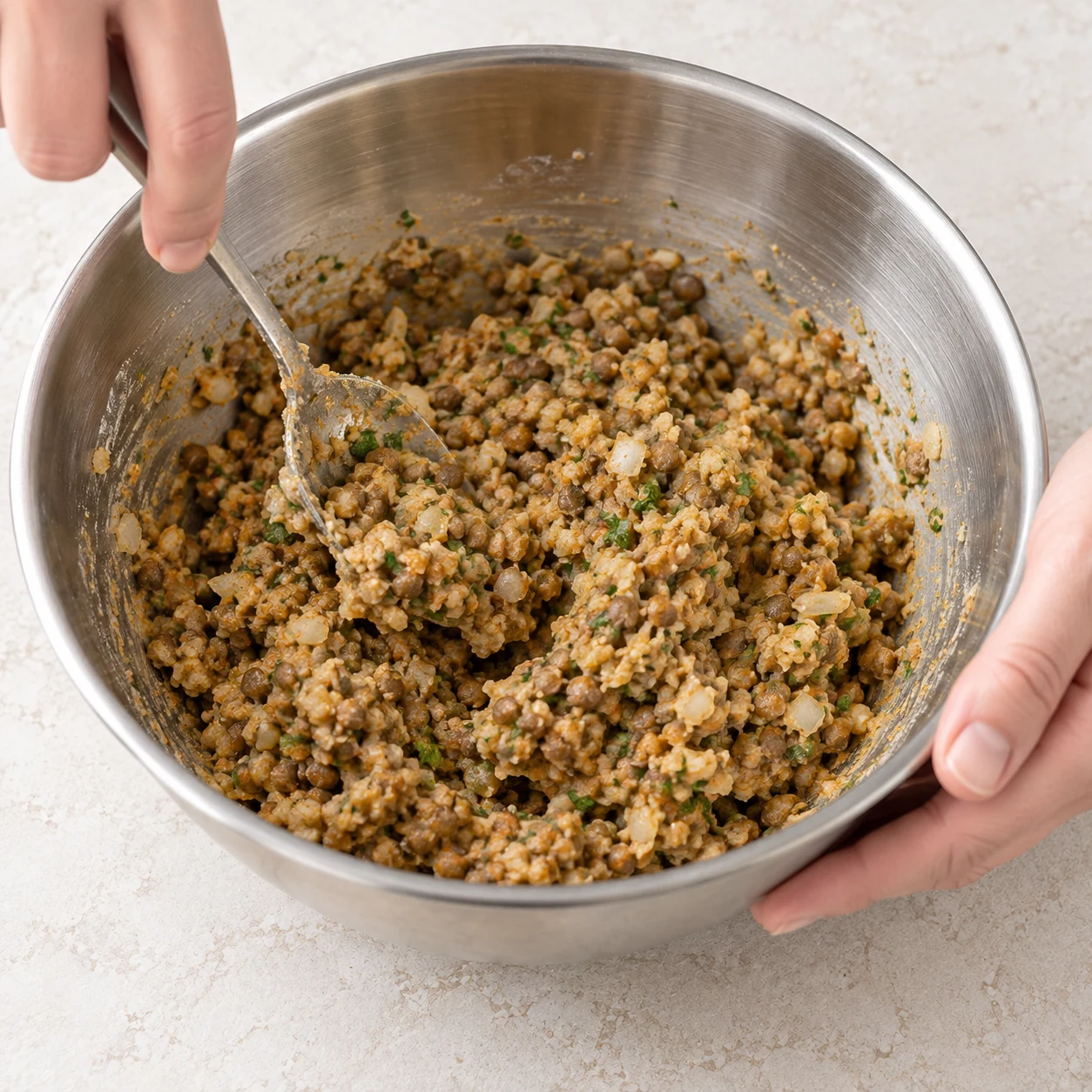 Une main anonyme mélange à la cuillère la pâte grossière de lentilles dans un bol métallique avec la cuillère de farine.