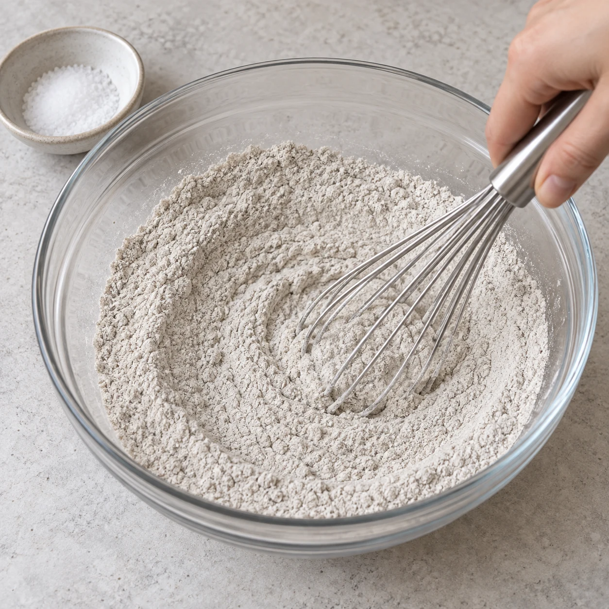 Farine gris clair et sel dans un saladier, un fouet mélange les poudres.