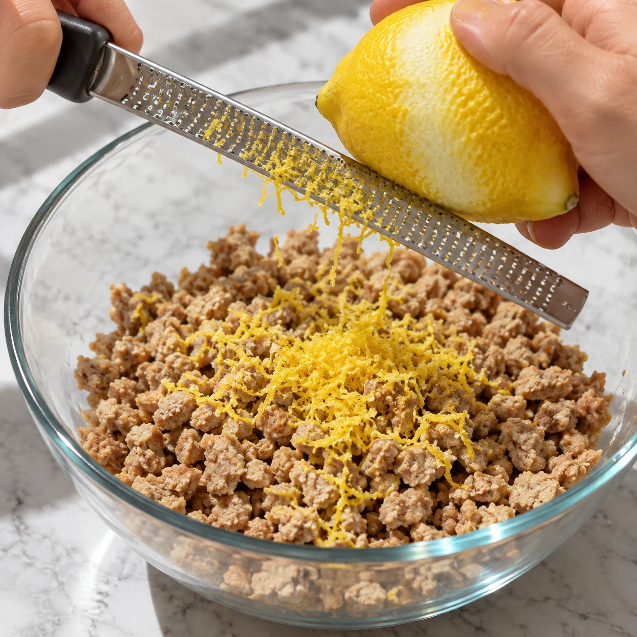 Une râpe fine prélève la peau jaune du citron au-dessus des steaks émiettés.