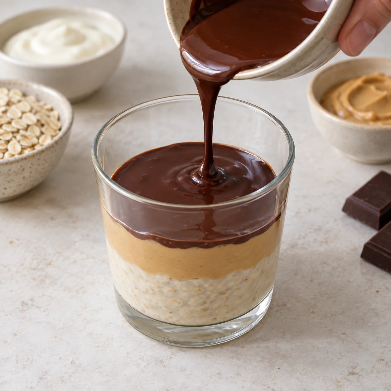 Photographie de cette seule phase : Verser la moitié du chocolat fondu sur la ganache. Garder le reste pour la couche finale. État final : Une couche de chocolat recouvre la ganache. Recette bis : base à l’avoine crémeuse, sans graines de chia ni poudre protéinée. Référence originale pour le montage, adaptation documentée pour les ingrédients.