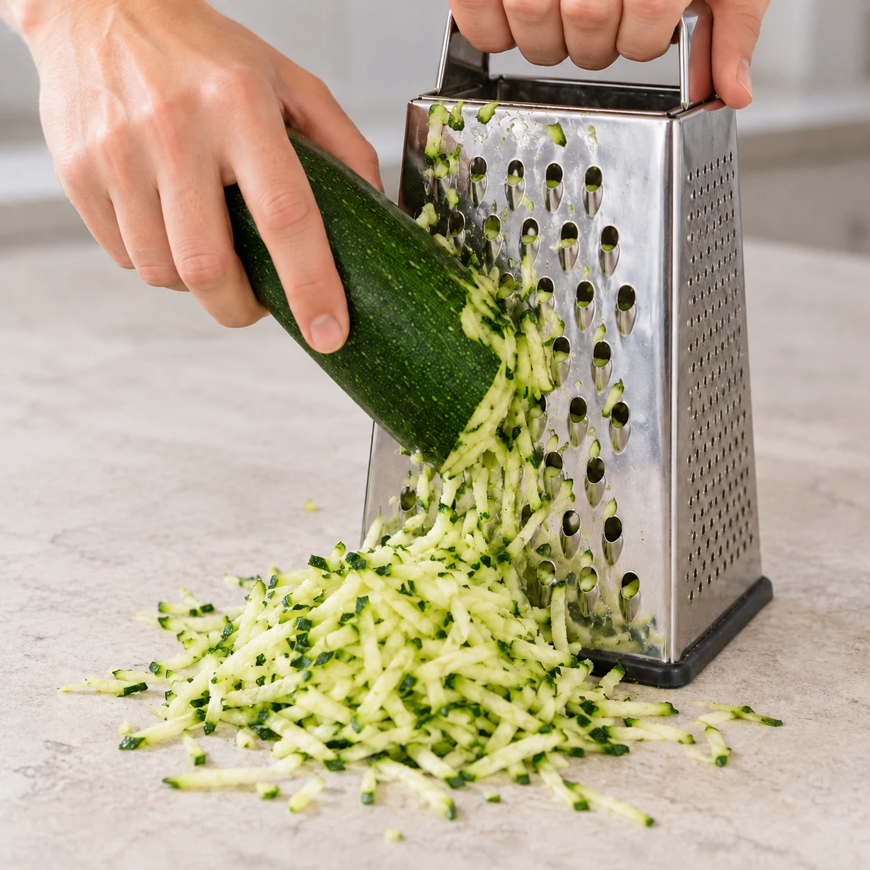 Courgette râpée sur les gros trous d’une râpe stable.